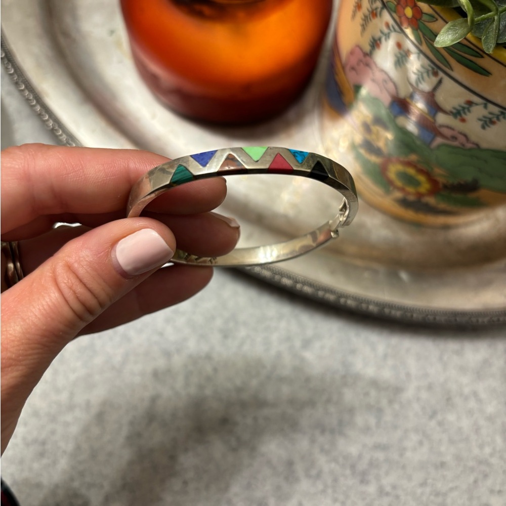 Vintage Taxco Mexico Sterling Multi Stone Inlay Hinged Bangle Bracelet 925 - Picture 2 of 8